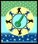 Logo j-s-h: Schlüssel, um den Menschen rennen; Hintergrund gepunktet und mit Sternen.